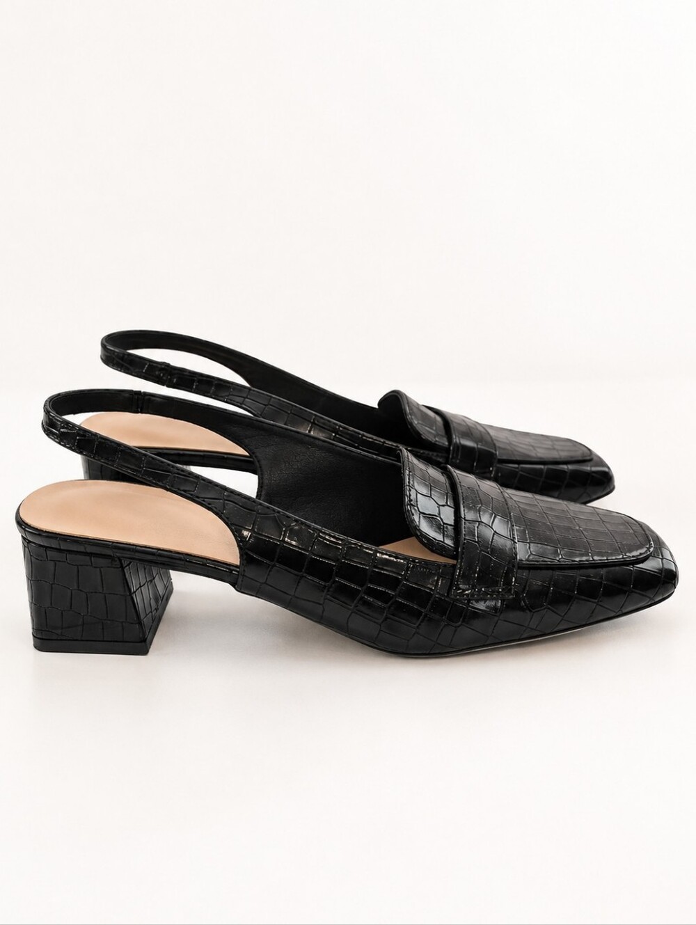 Black Croc Embossed Slingback Loafer Pumps Block Heel Shoes EU 39 - Picture 5 of 9